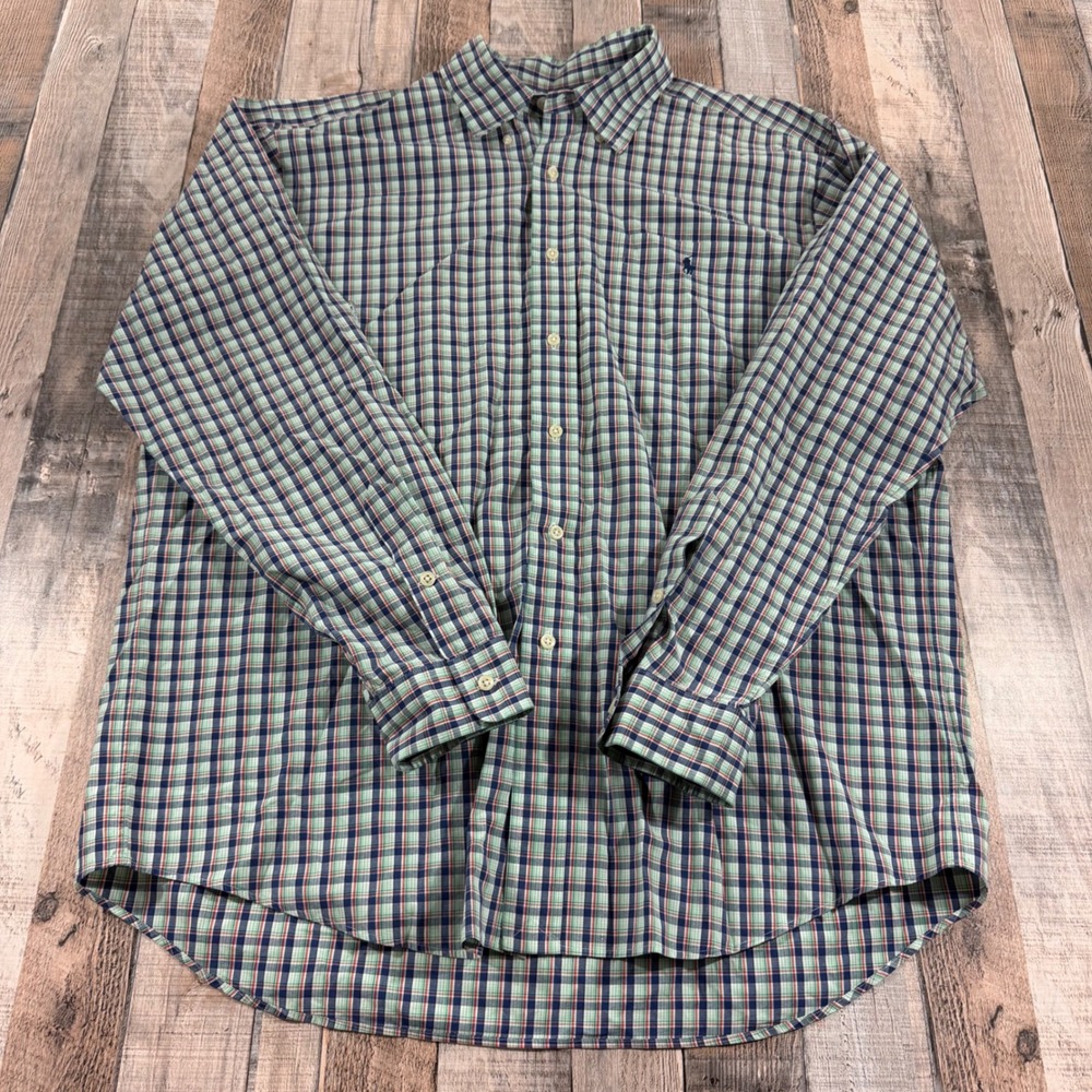 Vintage Ralph Lauren Button Down Mens XL Green Plaid Hong Kong Cotton Preppy